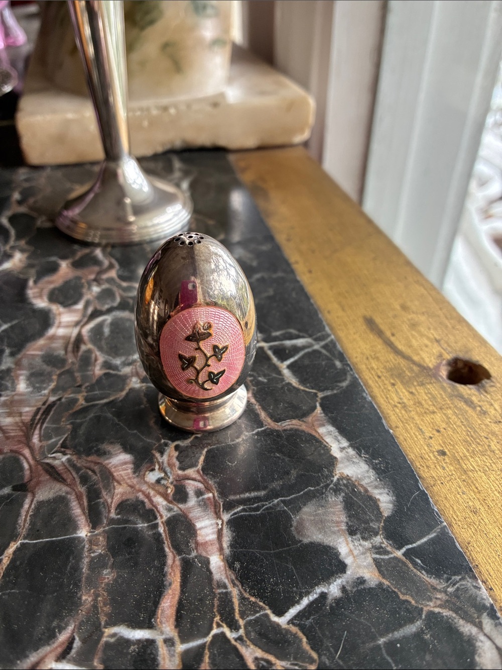 Sterling silver and  Pink Enamel Egg shaped Salt Shaker